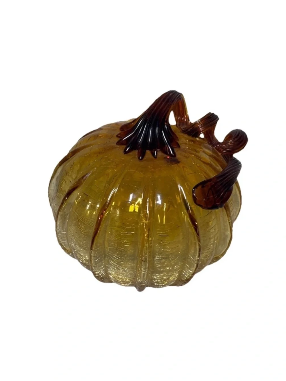 Glass Amber Pumpkin Hand Blown Crackle Finish Thanksgiving Curly Steam Pier One